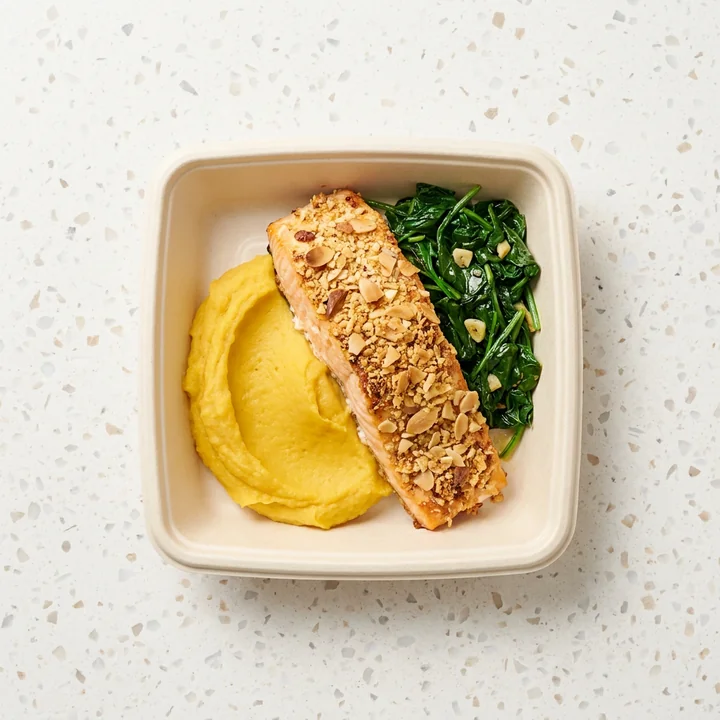 Almond Crusted Salmon with Sauteed Spinach