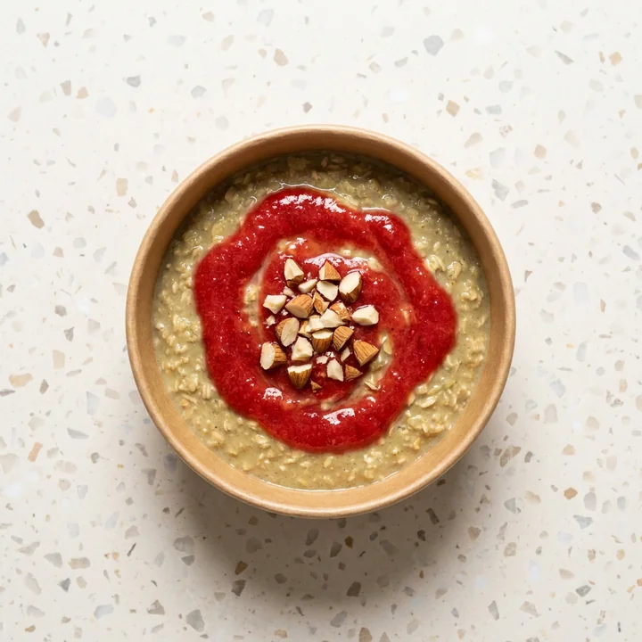 Oats Jar with Almonds and Strawberry Coulis